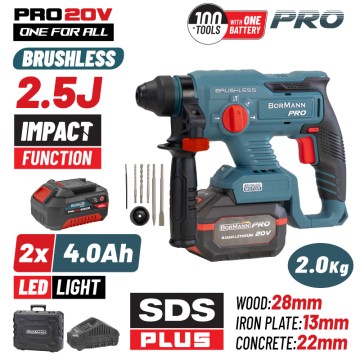 BORMANN Pro - BBP5301X44CA Πνευματικό Σκαπτικό Μπαταρίας 20V,2x4Ah,Brushless, 2.5J, SDS-Plus,Βαλίτσα (084921)