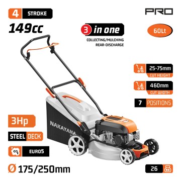 NAKAYAMA Pro - PM5460 Χλοοκοπτική Βενζίνης,Ωθούμενη, 147cc, Πλάτος Κοπής 46cm, Κάδος 60L, 8 Θέσεις (084075)